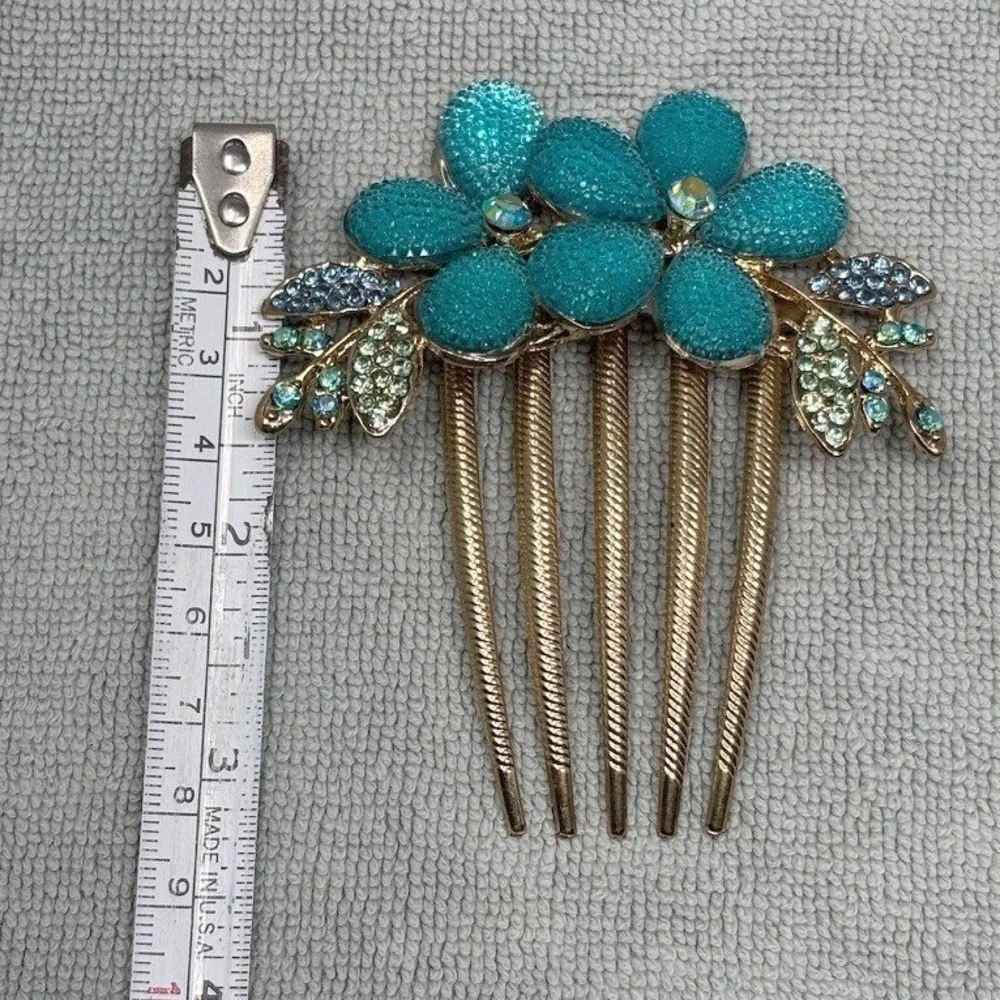 Gold Tone Turquoise Floral Rhinestone Hair Comb Crystal Leaf Bridal‎ Accessory